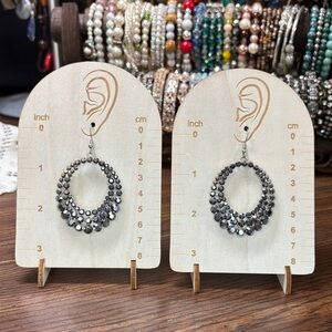 Chic Silver and Black Crystal Beaded Hoop Earrings